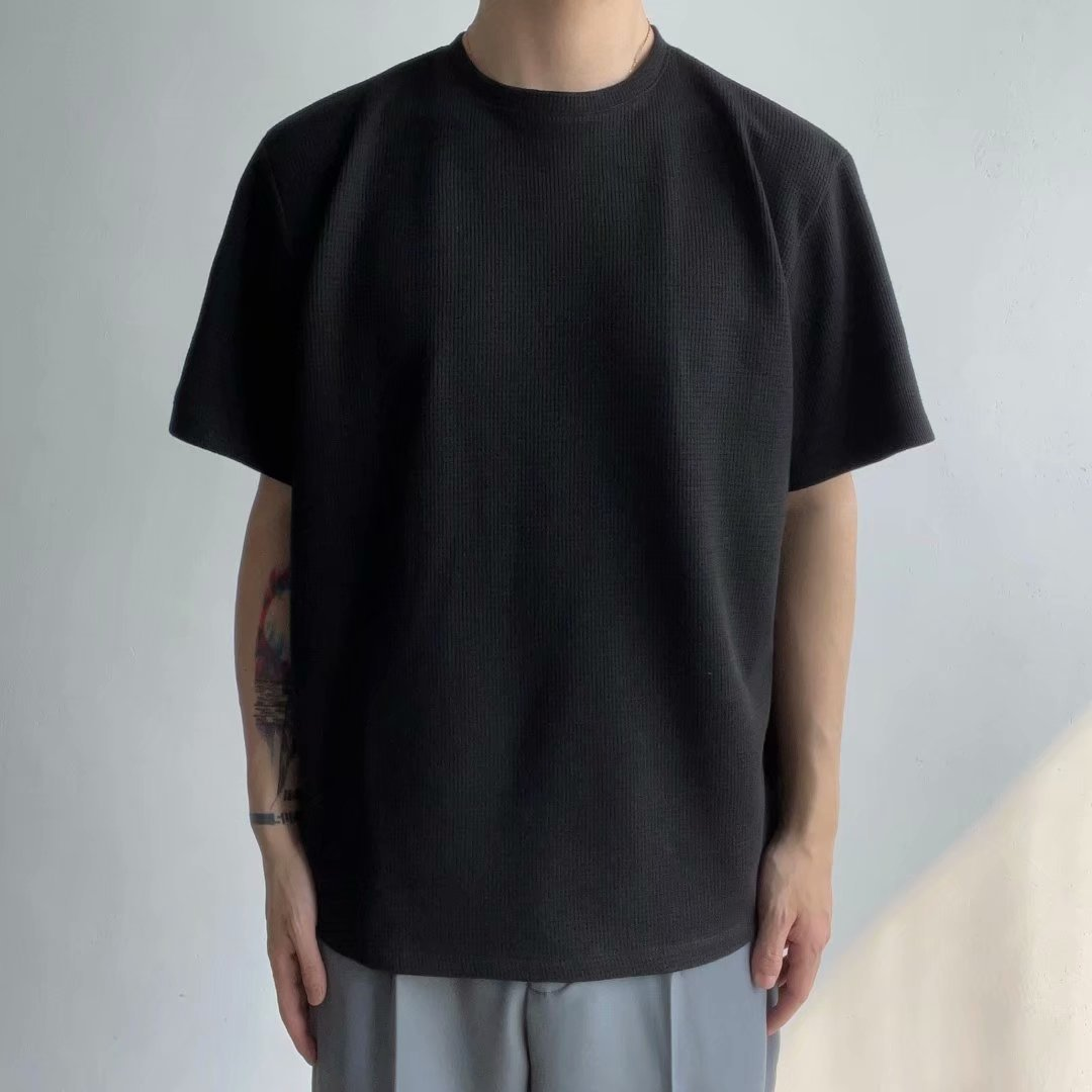 American Retro Round Neck Knitted Waffle T-Shirt Loose Breathable Straight Shoulder Heavy Short Sleeves