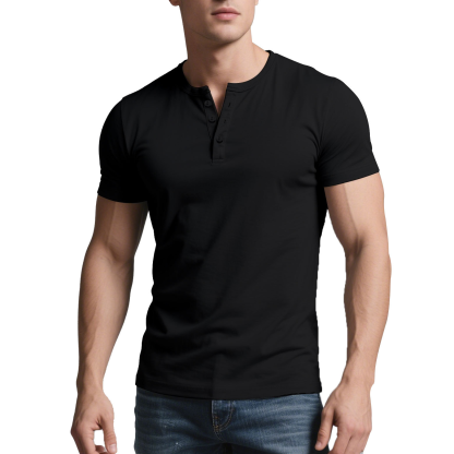 Men's Summer Casual Henley Shirt Men's Solid Color Slim Fit Casual Round Neck Short Sleeve