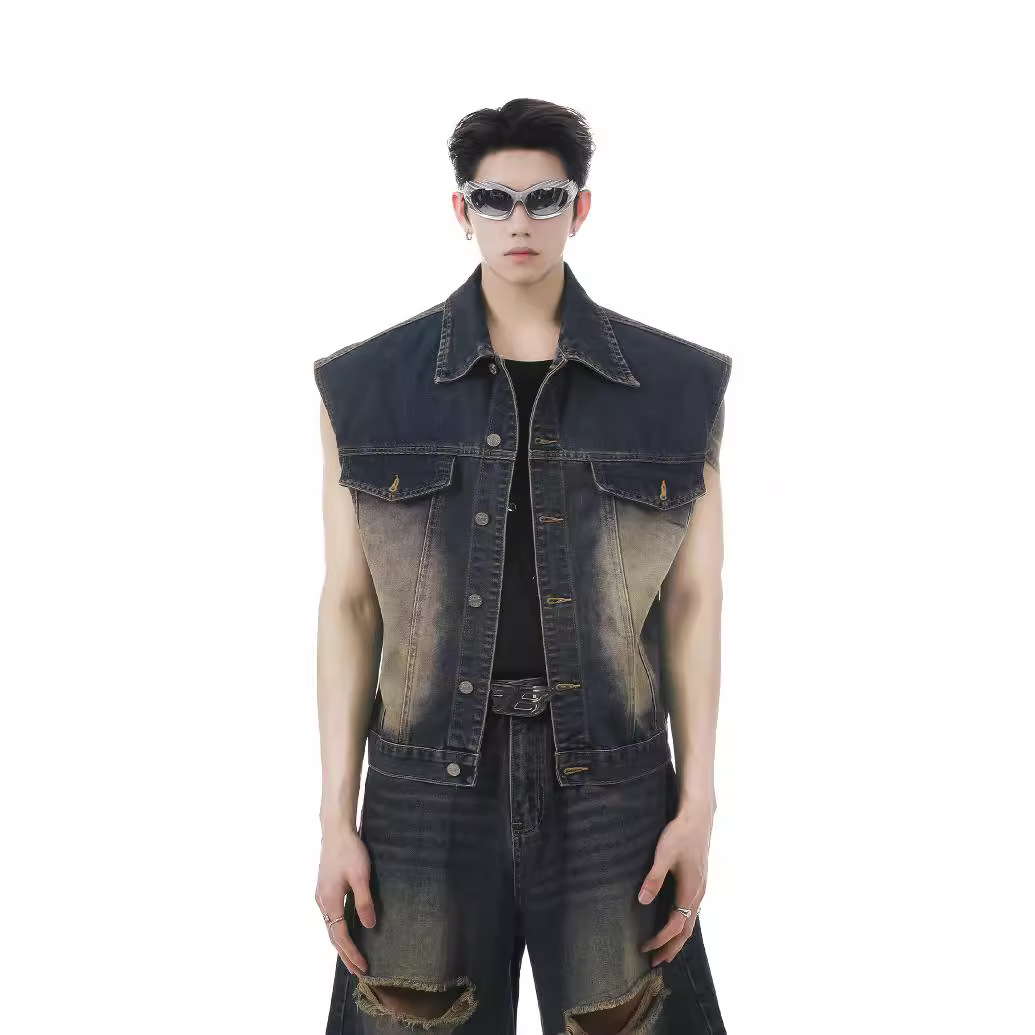 Men's Retro Suit Washed Ripped Short Denim Vest Sleeveless Waistcoat
