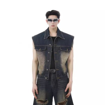 Men's Retro Suit Washed Ripped Short Denim Vest Sleeveless Waistcoat