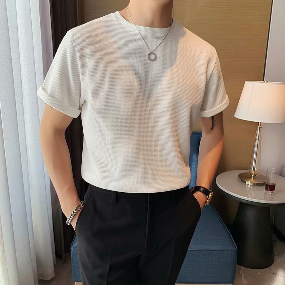 American Retro Round Neck Knitted Waffle T-Shirt Loose Breathable Stra