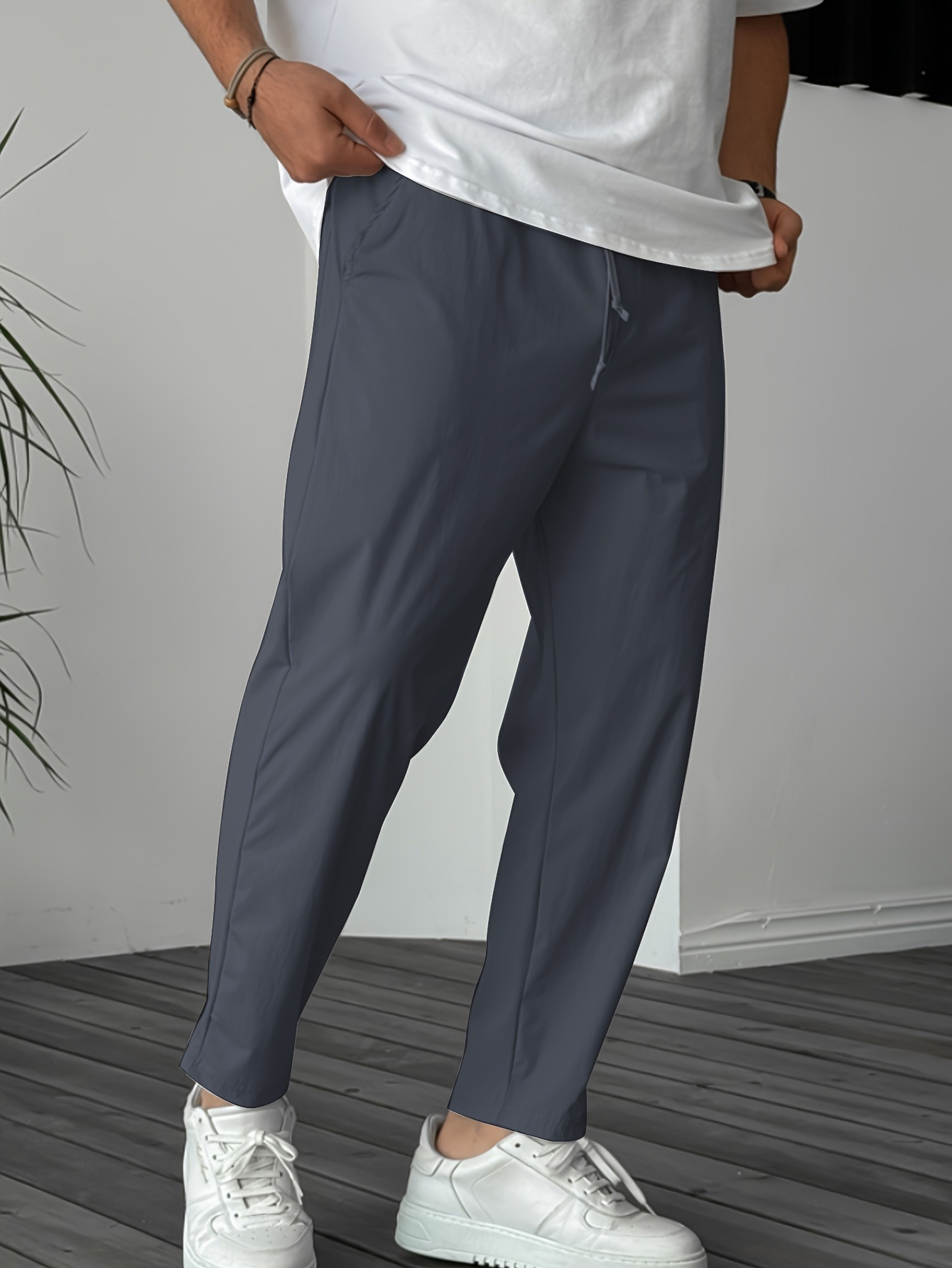 Men's Solid Pants With Pockets Casual Drawstring Trousers