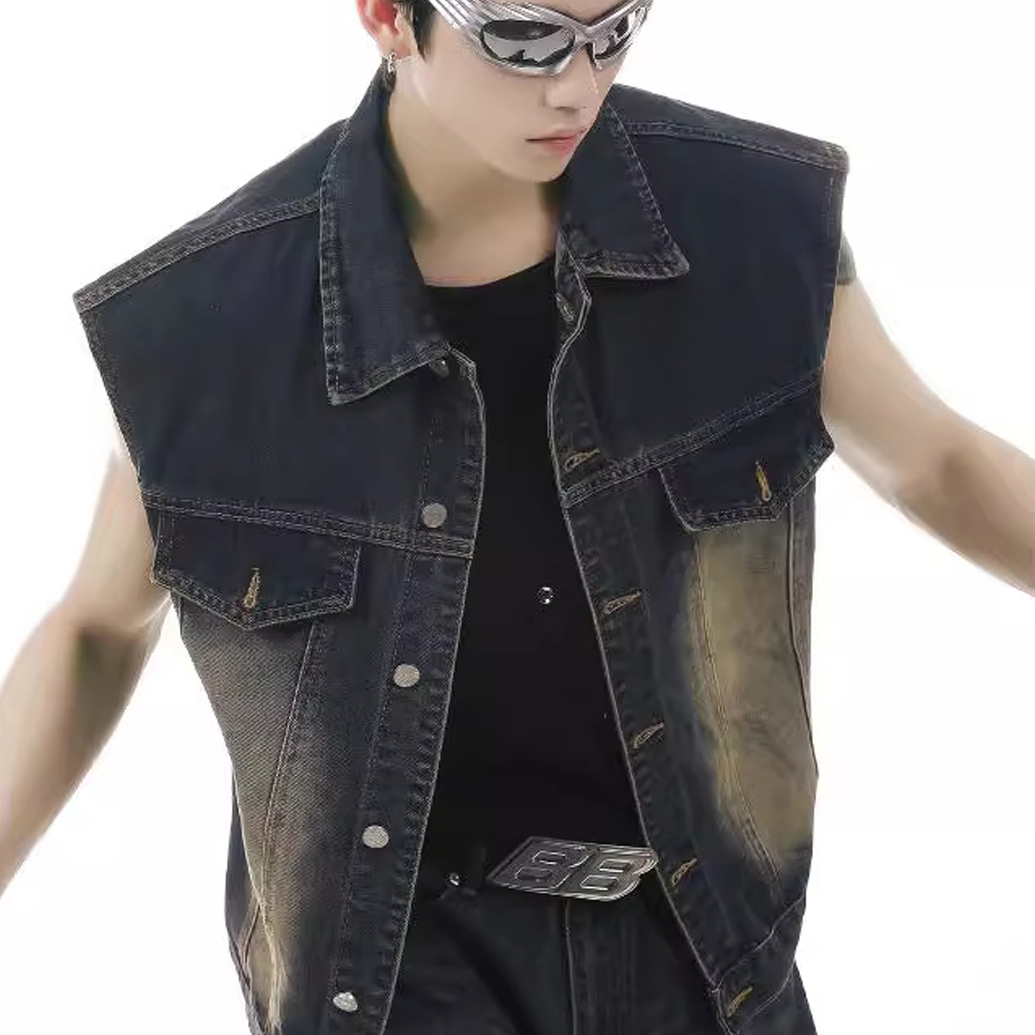 Men's Retro Suit Washed Ripped Short Denim Vest Sleeveless Waistcoat