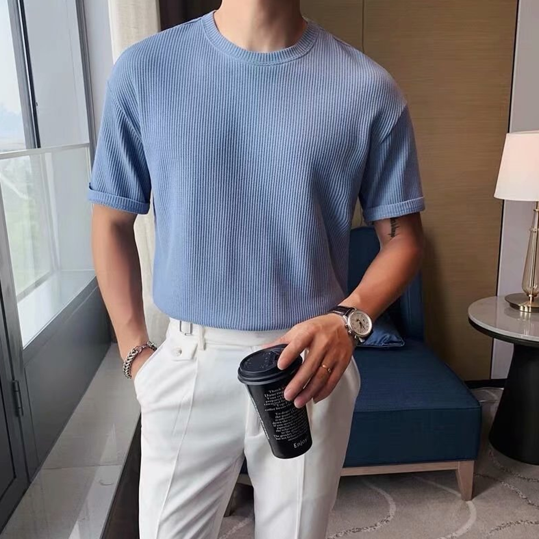 American Retro Round Neck Knitted Waffle T-Shirt Loose Breathable Stra