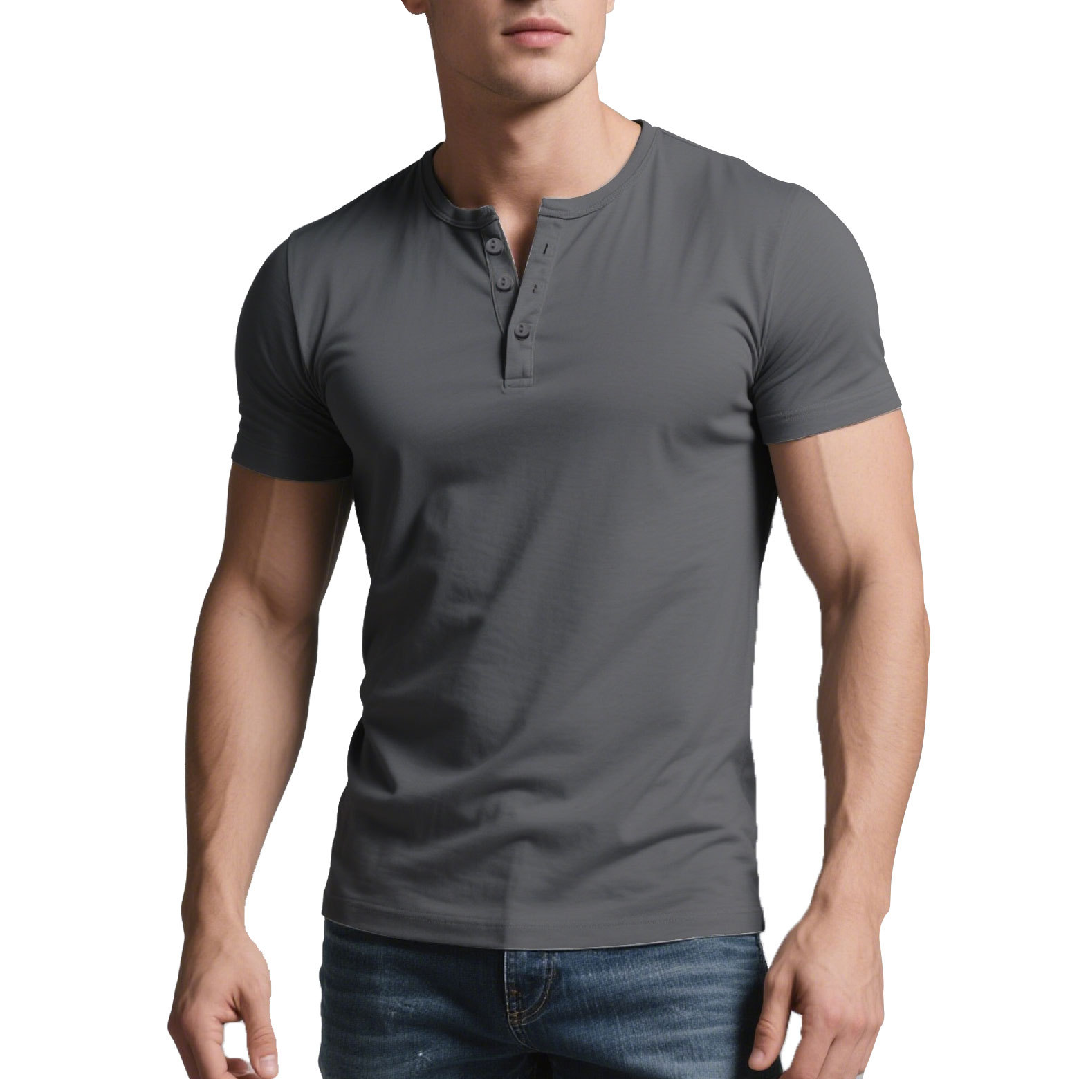 Men's Summer Casual Henley Shirt Men's Solid Color Slim Fit Casual Round Neck Short Sleeve