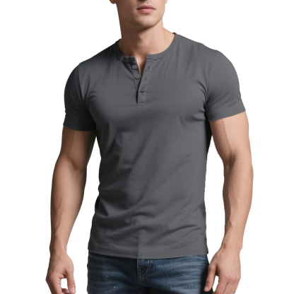 Men's Summer Casual Henley Shirt Men's Solid Color Slim Fit Casual Round Neck Short Sleeve