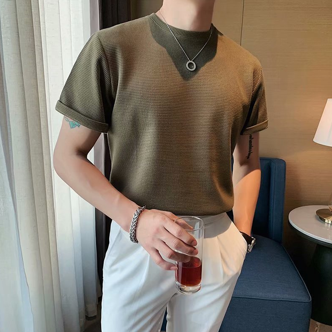 American Retro Round Neck Knitted Waffle T-Shirt Loose Breathable Straight Shoulder Heavy Short Sleeves