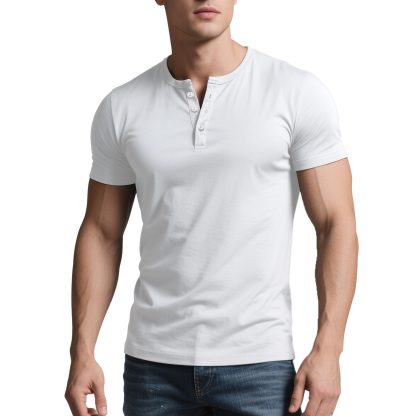 Men's Summer Casual Henley Shirt Men's Solid Color Slim Fit Casual Round Neck Short Sleeve
