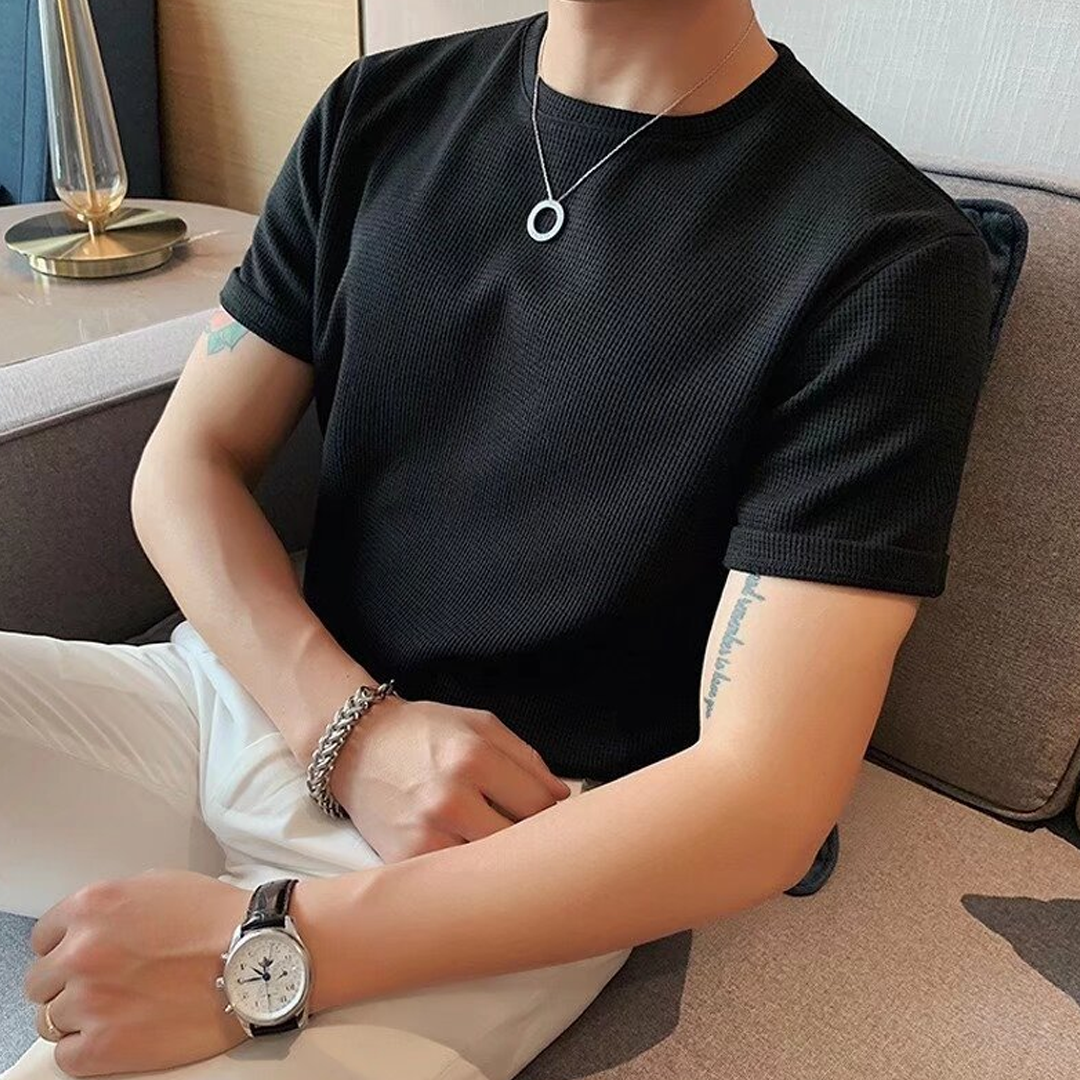 American Retro Round Neck Knitted Waffle T-Shirt Loose Breathable Straight Shoulder Heavy Short Sleeves