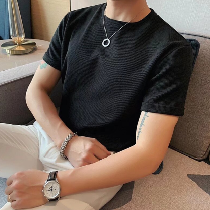 American Retro Round Neck Knitted Waffle T-Shirt Loose Breathable Straight Shoulder Heavy Short Sleeves