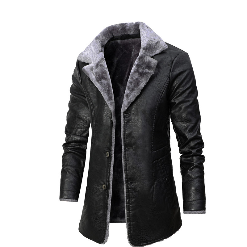 Mid-Length Leather Coat With Velvet Lapel Suit Jacket In Autumn And Wi