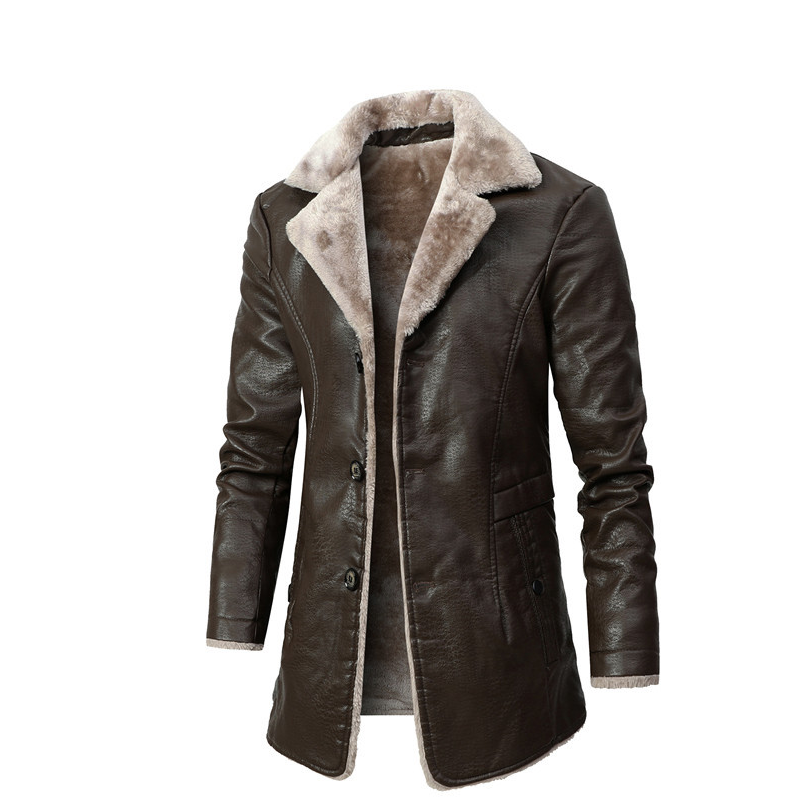 Mid-Length Leather Coat With Velvet Lapel Suit Jacket In Autumn And Winter 