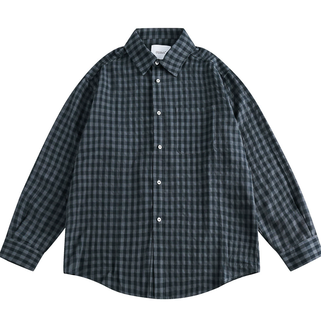 Men's Retro Checkered Long-Sleeved Shirt Loose Cotton Work Shirt Casua