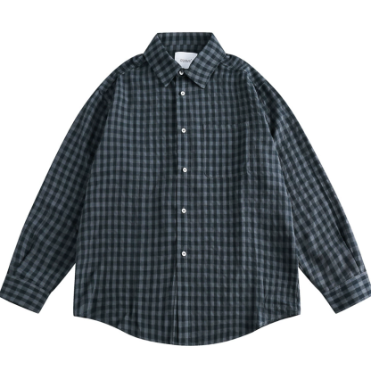 Men's Retro Checkered Long-Sleeved Shirt Loose Cotton Work Shirt Casual Jacket
