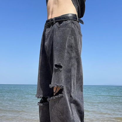 Trendy West Coast Ripped Jeans With Raw Edges For Men