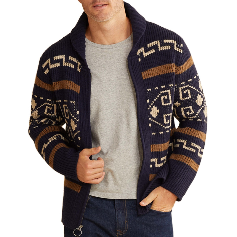 Autumn and Winter Men's Fashion Lapel Casual Cardigan Jacket Long Sleeve Slim Fit Jacquard Knitted Sweater