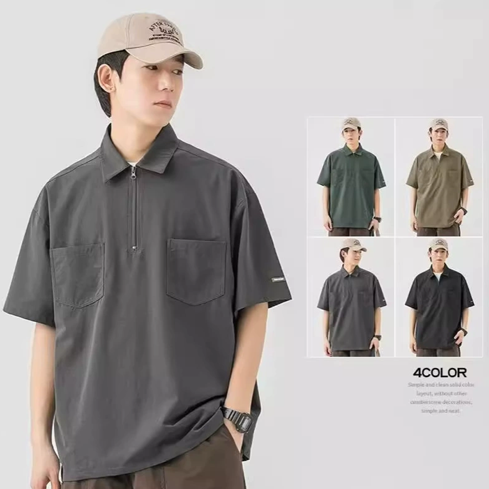 Polo Shirt Short Sleeve Summer Men's Casual Pocket Loose Lapel Bottoming Shirt Zipper Design