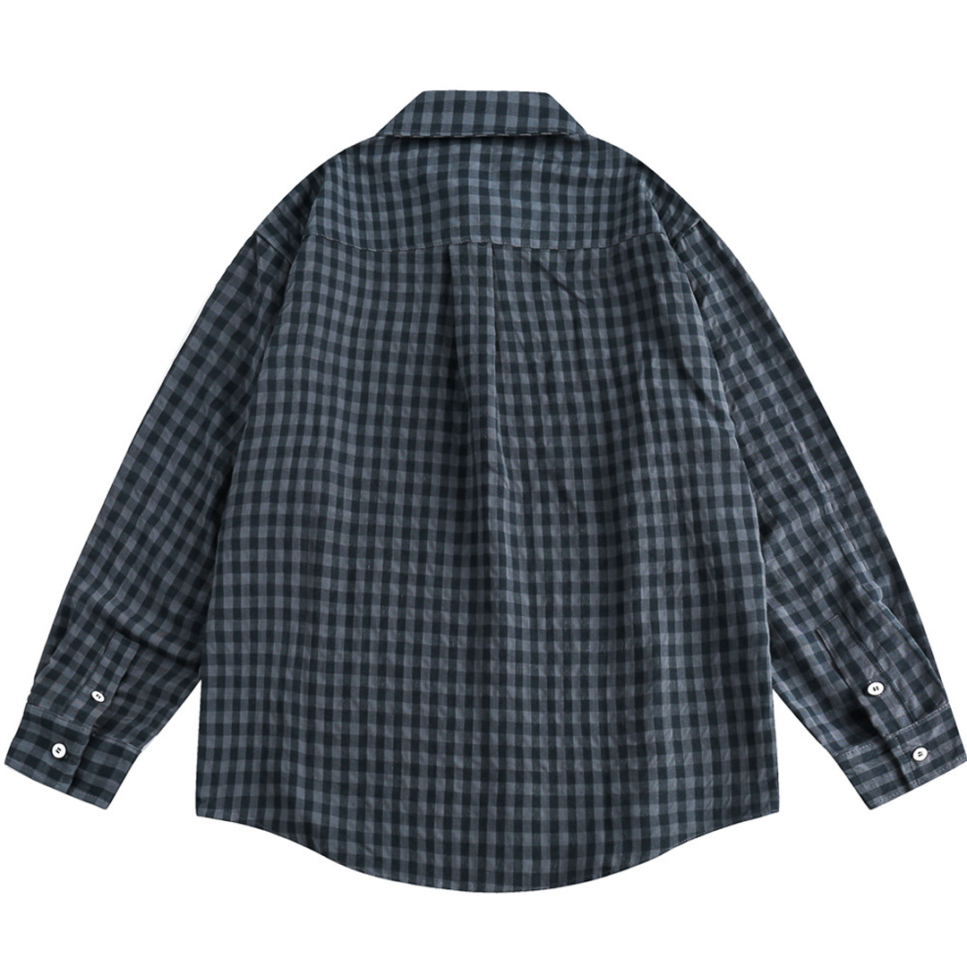 Men's Retro Checkered Long-Sleeved Shirt Loose Cotton Work Shirt Casual Jacket