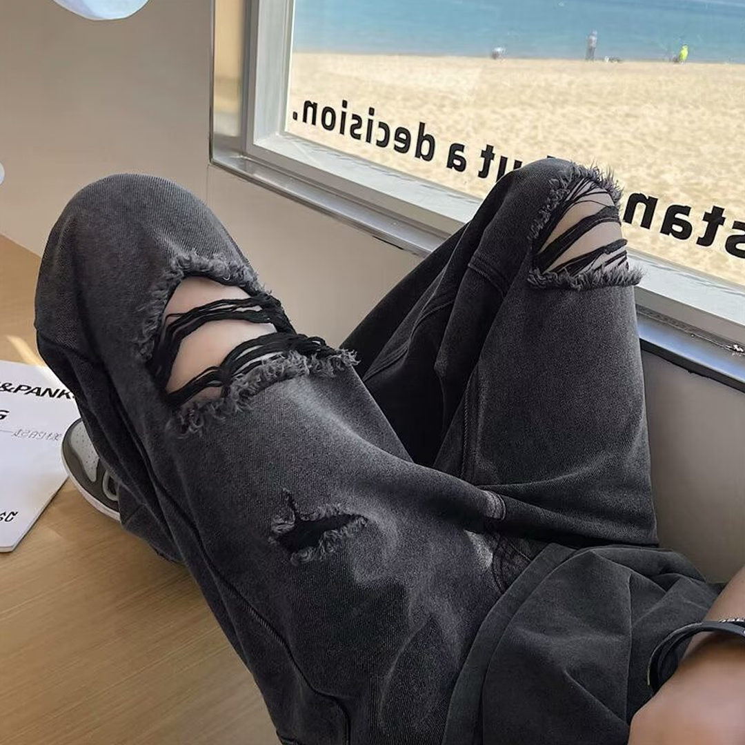 Trendy West Coast Ripped Jeans With Raw Edges For Men