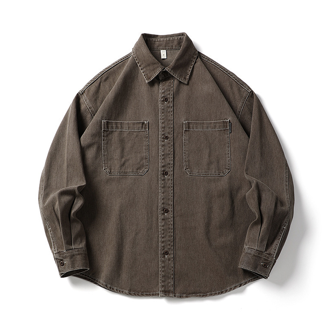 Men's Long-Sleeved Heavy Washed Distressed Lapel Casual Cotton Shirt J