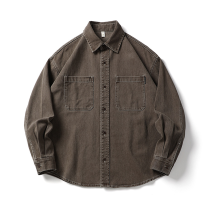 Men's Long-Sleeved Heavy Washed Distressed Lapel Casual Cotton Shirt Jacket