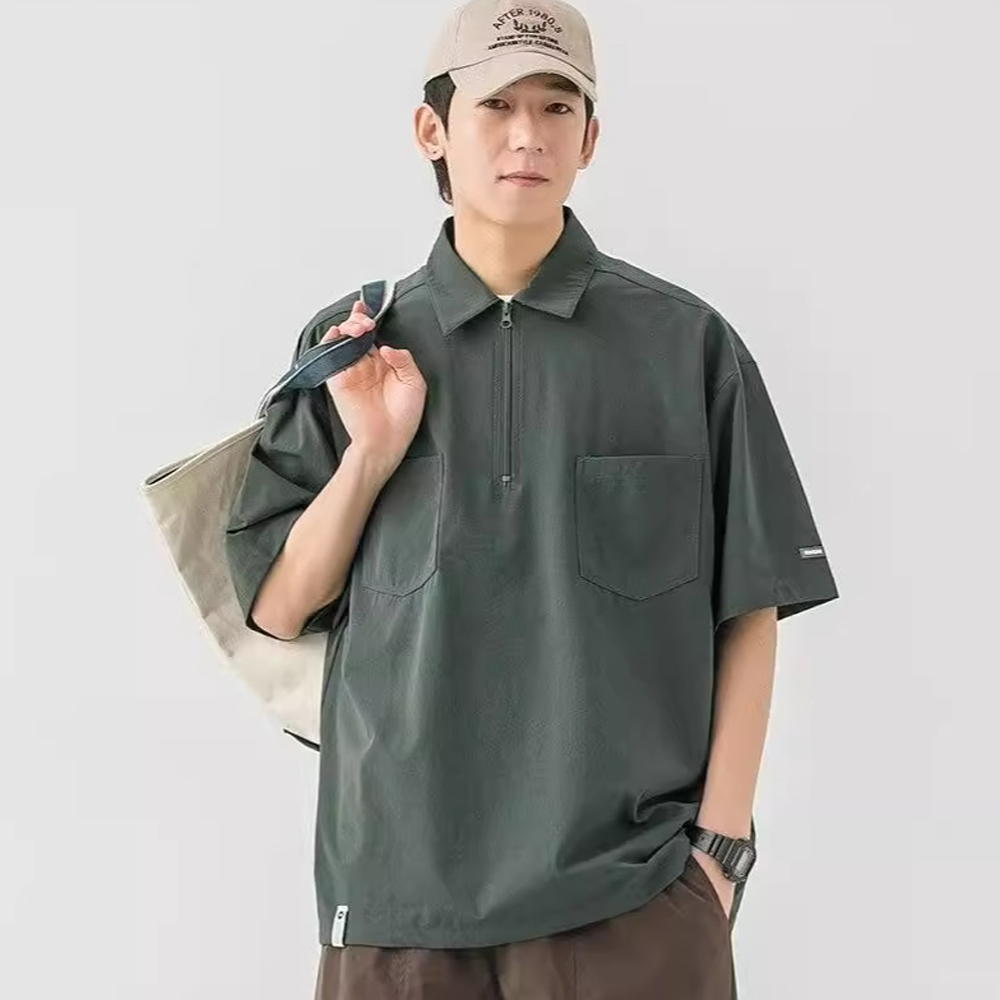 Polo Shirt Short Sleeve Summer Men's Casual Pocket Loose Lapel Bottomi