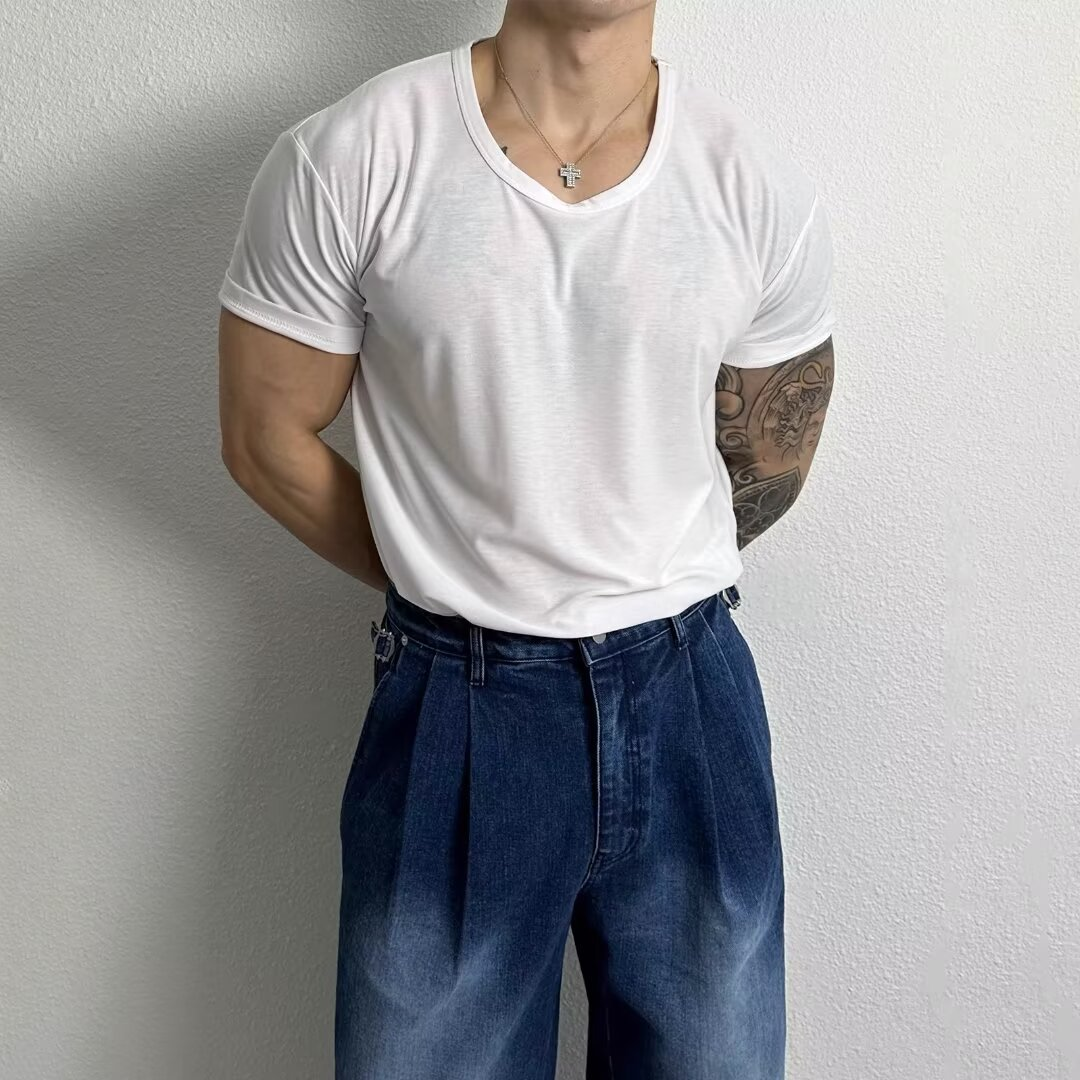 Men's Summer U-Shaped Low-Neck Short Sleeve