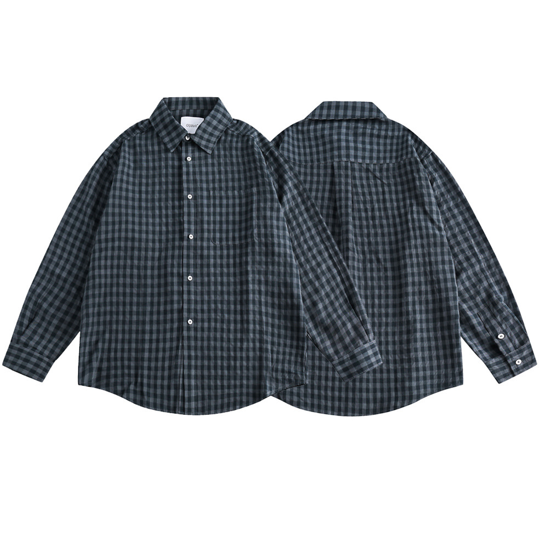 Men's Retro Checkered Long-Sleeved Shirt Loose Cotton Work Shirt Casual Jacket