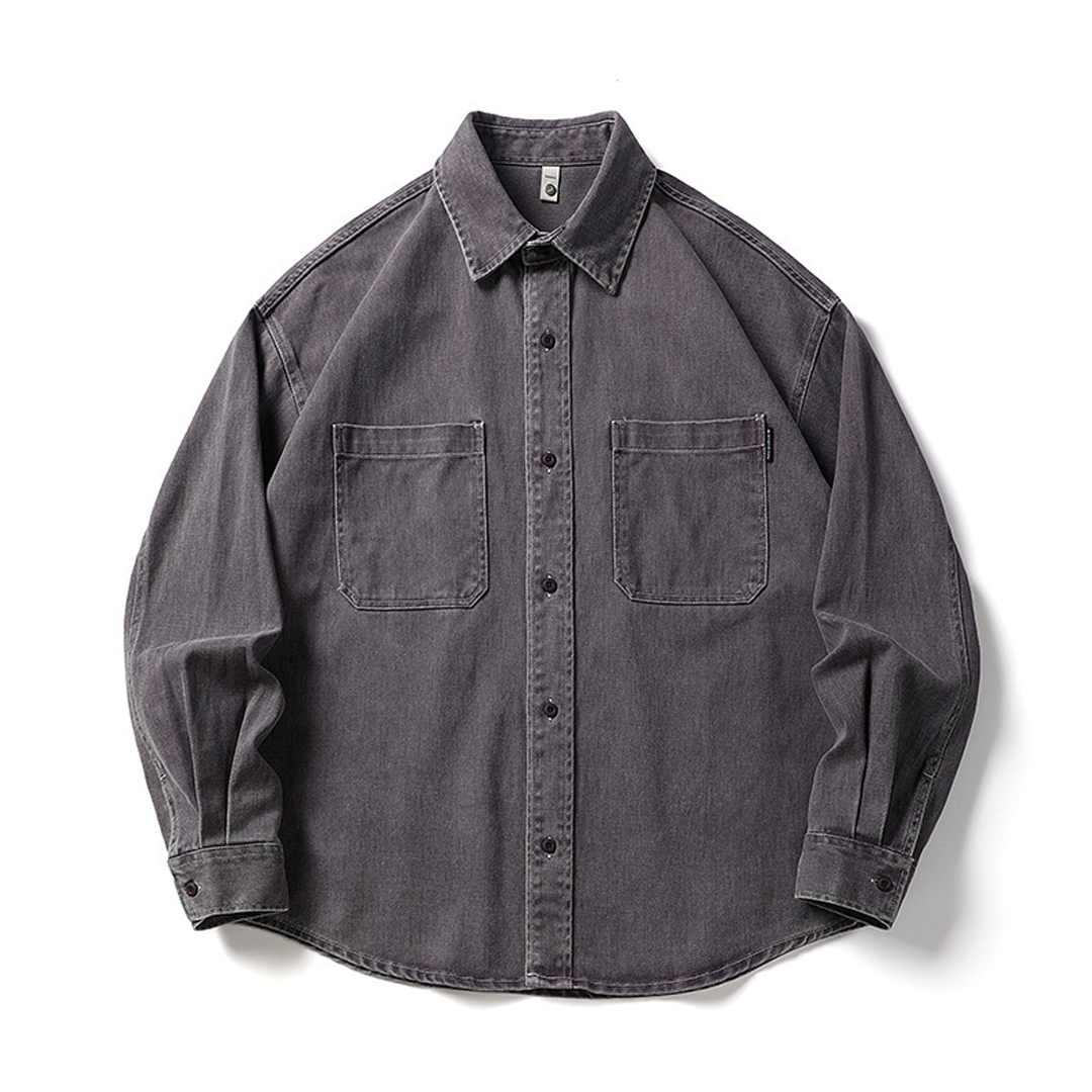 Men's Long-Sleeved Heavy Washed Distressed Lapel Casual Cotton Shirt Jacket