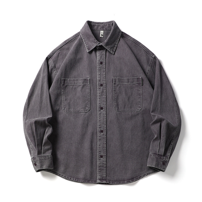 Men's Long-Sleeved Heavy Washed Distressed Lapel Casual Cotton Shirt Jacket