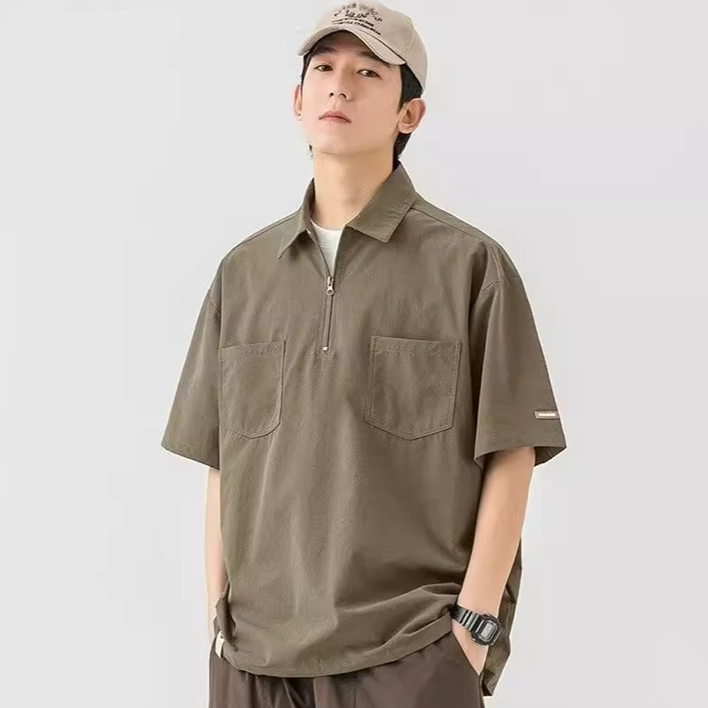 Polo Shirt Short Sleeve Summer Men's Casual Pocket Loose Lapel Bottoming Shirt Zipper Design