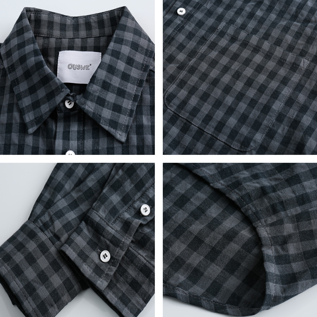 Men's Retro Checkered Long-Sleeved Shirt Loose Cotton Work Shirt Casual Jacket