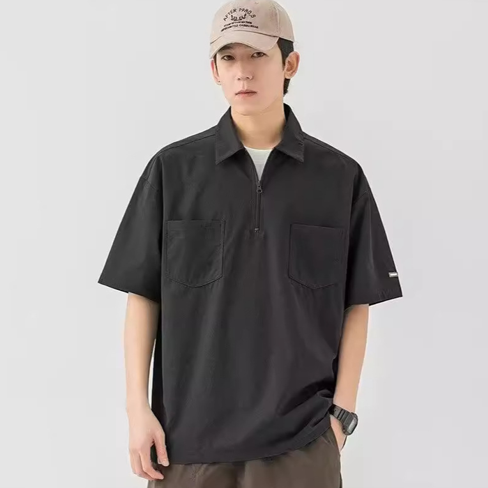 Polo Shirt Short Sleeve Summer Men's Casual Pocket Loose Lapel Bottomi