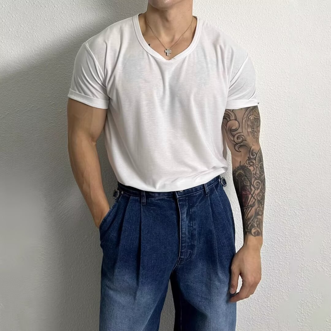 Men's Summer U-Shaped Low-Neck Short Sleeve