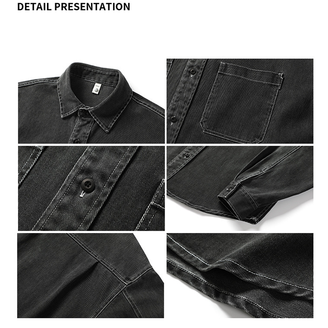 Men's Long-Sleeved Heavy Washed Distressed Lapel Casual Cotton Shirt Jacket