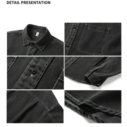 Men's Long-Sleeved Heavy Washed Distressed Lapel Casual Cotton Shirt Jacket