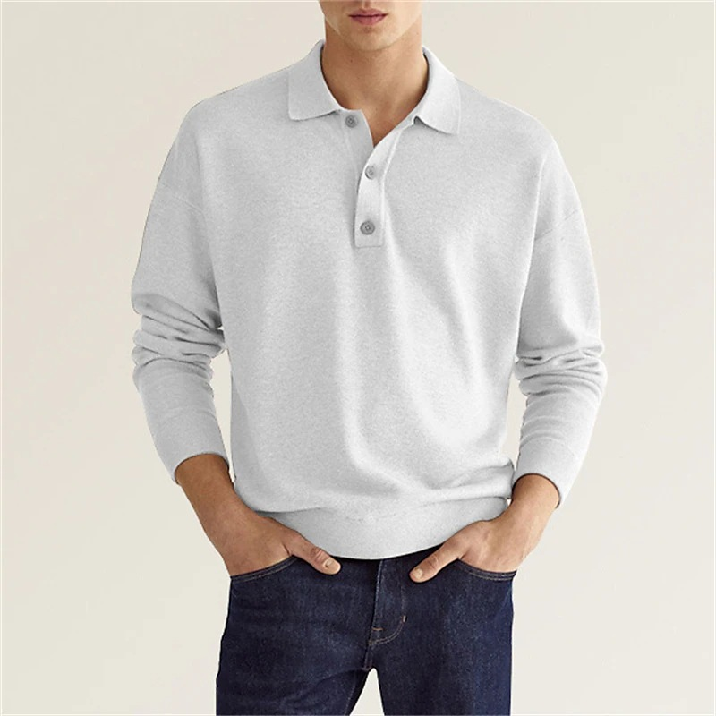 Men's V-Neck Button Down Shirt, Long Sleeve Ribbed Knit Polo Shirt, Fall Essential Top