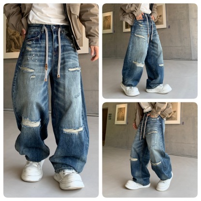 Men’s Gradient Distressed-Effect Jeans – American Retro High-Street Style Loose Fit Scimitar Wide-Leg Denim Pants