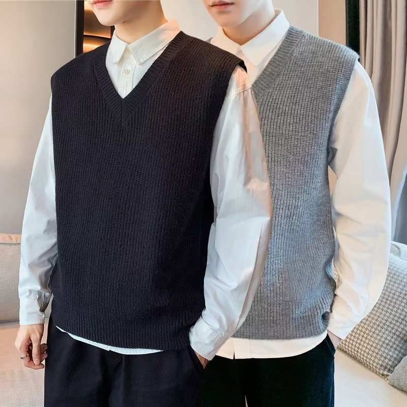 Men’s Solid Color V-Neck Knit Vest Sweater Loose Fit Sleeveless Pullover Casual Fall Layering Top
