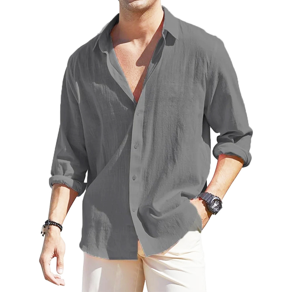 Men's Linen Cardigan Single-Breasted Lapel Long-Sleeved Shirt Fashion 