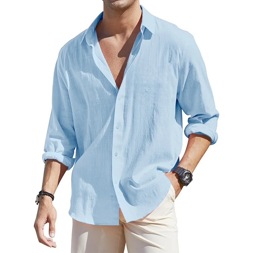 Men's Linen Cardigan Single-Breasted Lapel Long-Sleeved Shirt Fashion 