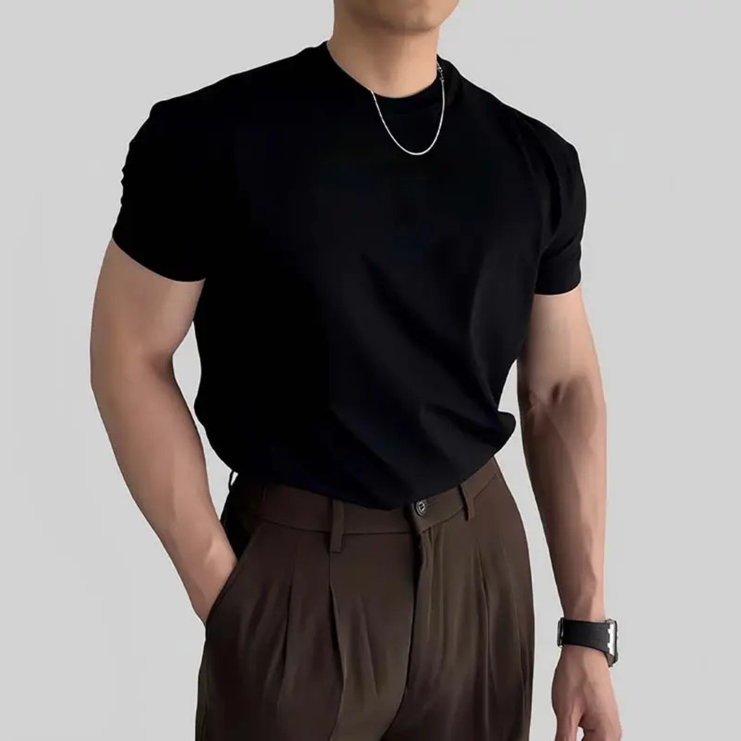 Men's Short-Sleeved Straight Shoulder Tops, Trendy Round Neck, Slim-Fi