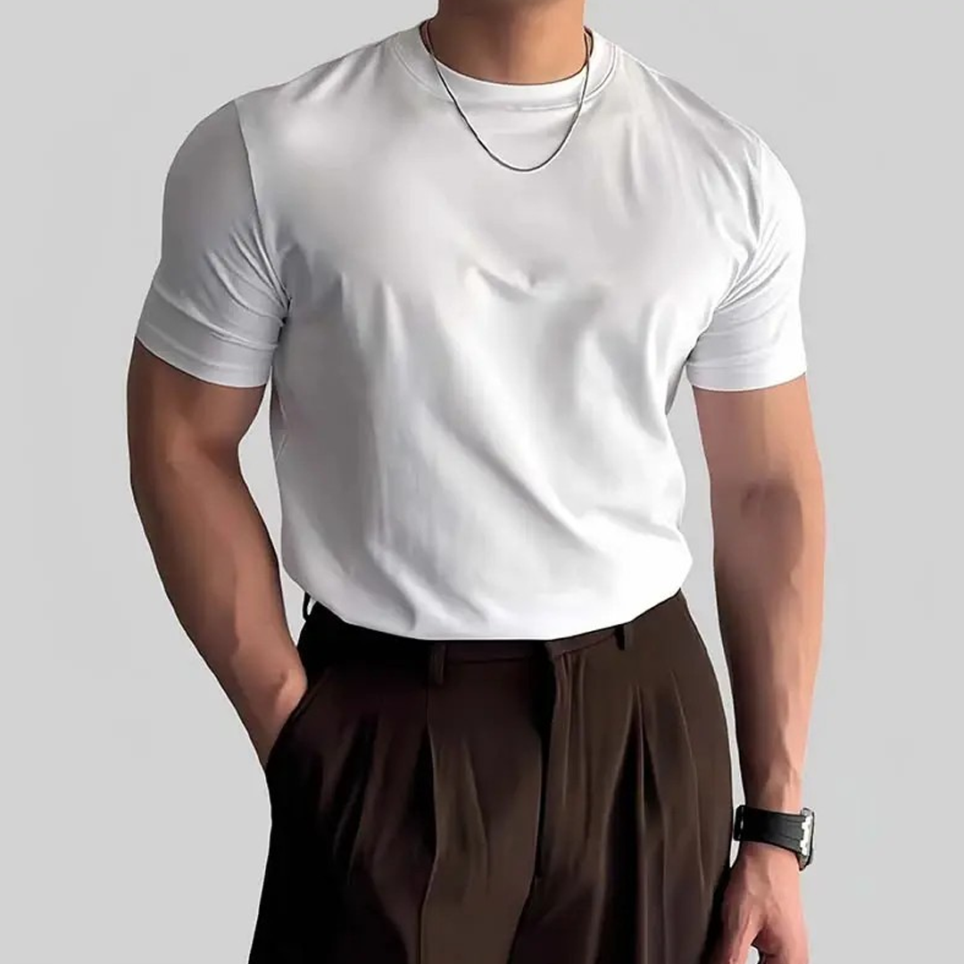 Men's Short-Sleeved Straight Shoulder Tops, Trendy Round Neck, Slim-Fi