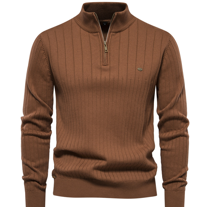 Stand up collar men's sweater  half zip solid color knit sweater casual sweatshirt