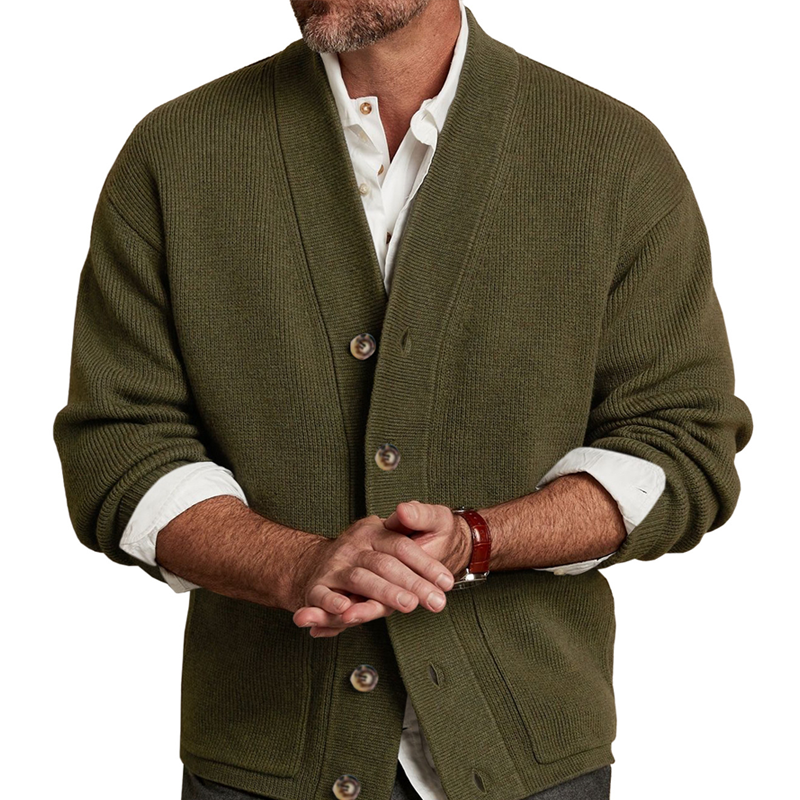 Men's Cardigan Sweater Cable Knit V Neck Casual Button Open Ribbed Sweater with Pockets