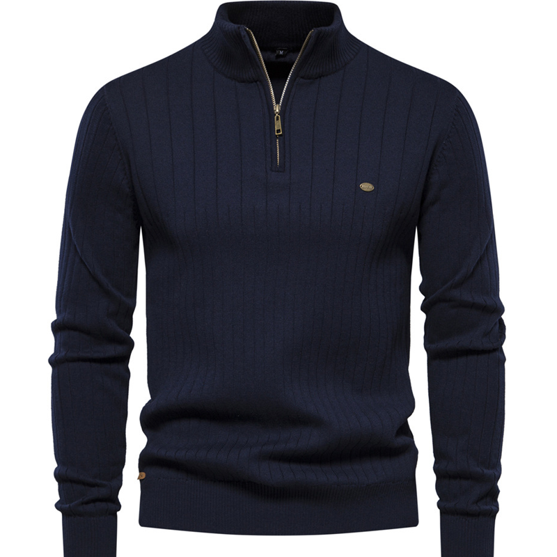 Stand up collar men's sweater  half zip solid color knit sweater casual sweatshirt