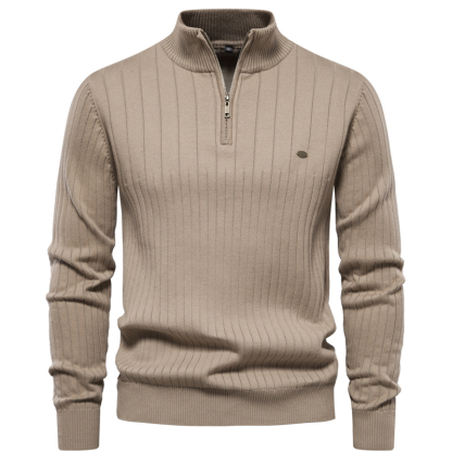 Stand up collar men's sweater  half zip solid color knit sweater casual sweatshirt