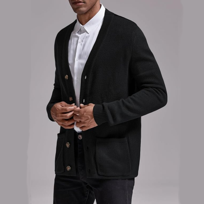 Men's Cardigan Sweater Cable Knit V Neck Casual Button Open Ribbed Sweater with Pockets