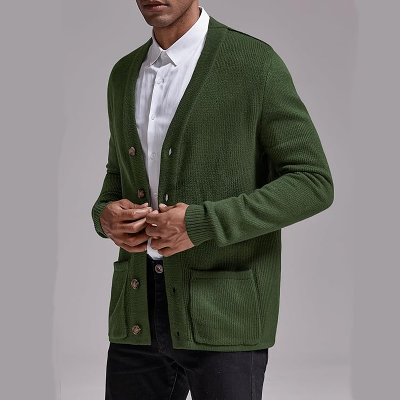 Men's Cardigan Sweater Cable Knit V Neck Casual Button Open Ribbed Sweater with Pockets