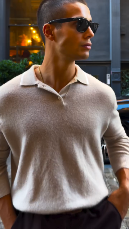 Men's Merino Wool Polo Neck Knit Sweater, Premium Business Casual Polo Neck Jumper, Fall and Winter Knit